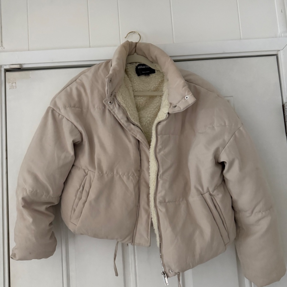 Milano Women's super cute double layered spring, crop Cream Puffer Jacket. Stay - Picture 3 of 12
